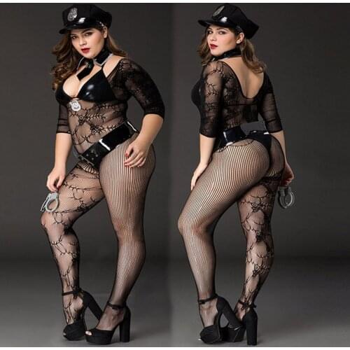 JSY Porno Plus Size Womens Bodysuit Sexy Lingerie Police Uniform Cosplay Erotic Latex Catsuit Costumes Sex Role Play Outfits