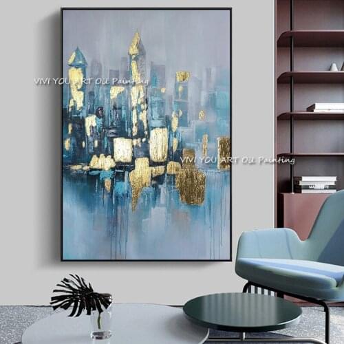The Best Handmade Color Golden City View Mural Oil Painting On Canvas New Creative Wall Arts Picture For Living Room Decoration