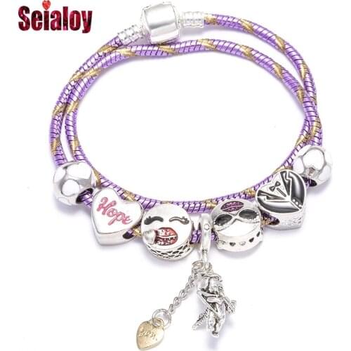 SEIALOY Long Purple Bracelets For Women Men Heart Shaped Beads Cupid Charm Brands Bracelets Bangle Fit Girls Boy Couple