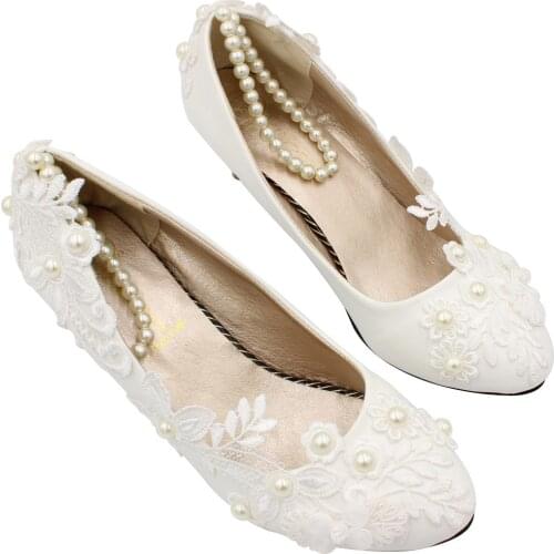 Custom handmade 4.5CM/3CM/8.5CM low high heel bridal wedding shoes NQ195 ivory pearls ankle beading elastic band bridesmaid shoe