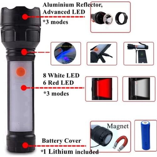 Mingray USB Rechargeable 3W LED Flashlight with magnet red emergency also Money detect light with POWERBANK camping lantern