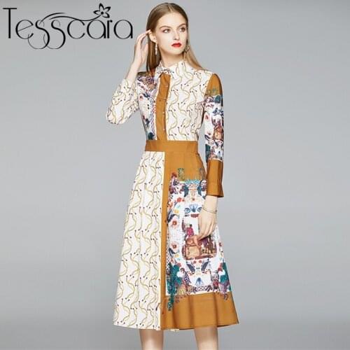 TESSCARA Women Autumn Vintage Print Dress Shirt Female High Quality Long Elegant Party Robe Femme Runway Designer Vestidos
