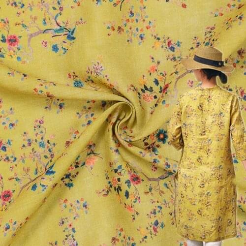 High quality pure Tencel ramie fabric Yellow floral print tissu Summer thin style dress robe cheongsam material