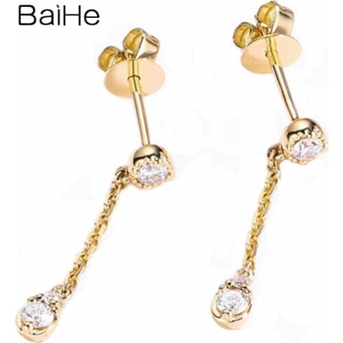 BAIHE Solid 18K Yellow Gold 0.22ct H/SI Round Natural Diamonds Stud Earrings Women Wedding Fine Jewelry Ear Wire Long Cерьги