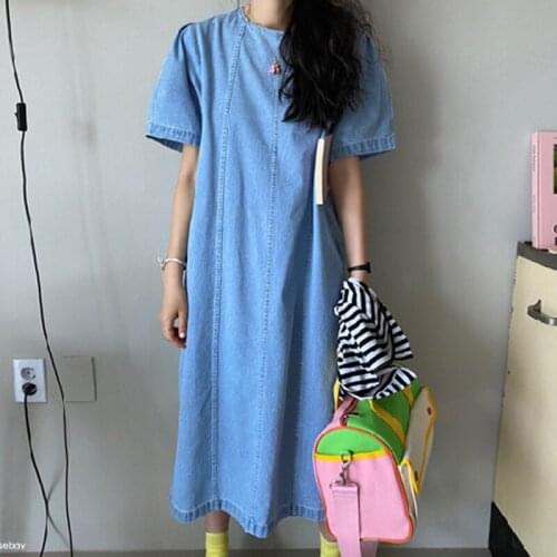 Women Dress Summer Korean Chic Vintage Round Neck Back Hollow Buttoned Loose Maxi Dresses Washed Blue Denim Vestidos Robes Femme