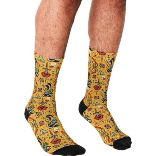 2021 Funny Socks Men harajuku Yellow Splash Tattoo Socks Printed Happy hip hop Novelty Skateboard Crew Casual Crazy Socks