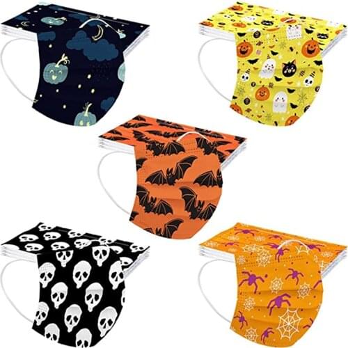 50pcs Cosplay 3ply Filters Halloween Disposable Masks Children Skull Printed Funny Halloween Masks Masque Breathable Mascarillas