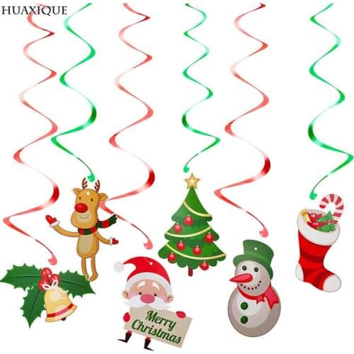 6pcs Christmas Foil Spiral Pendant Ceiling Hanging Garlands Santa Elk Bell Swirl Banner for Xmas Party Home Room Decor Cards