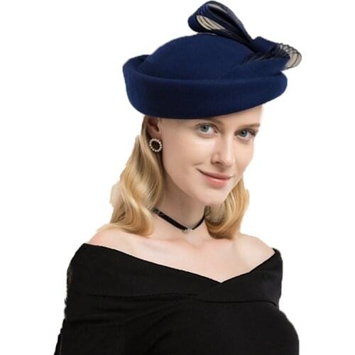 Black Wool Wedding Hat Fascinator Cocktail Hats For Women Elegant Blue Red Winter Church Fedora Bow Ladies Formal Pillbox Cap