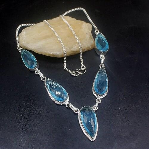 Hermosa Jewelry Attractive Design Shiny BlueTopaz Silver Color Chain Necklace for Women Ladies Gift 20 Inch FQ18