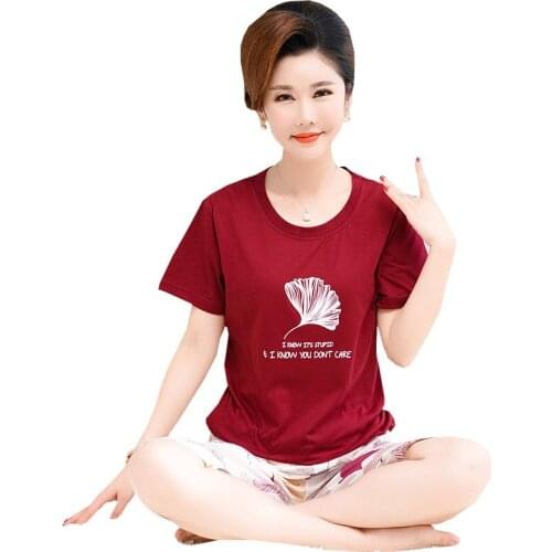 Cotton short sleeve cropped trousers pijama for women summer print ladies casual set o-neck red female homewear plus size 4XL