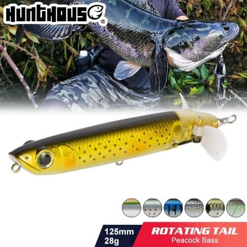 Hunthouse fishing pencil Popper lure 125mm/28g floating topwater Rotating Tail surface stickbait long casting for Peacock Bass