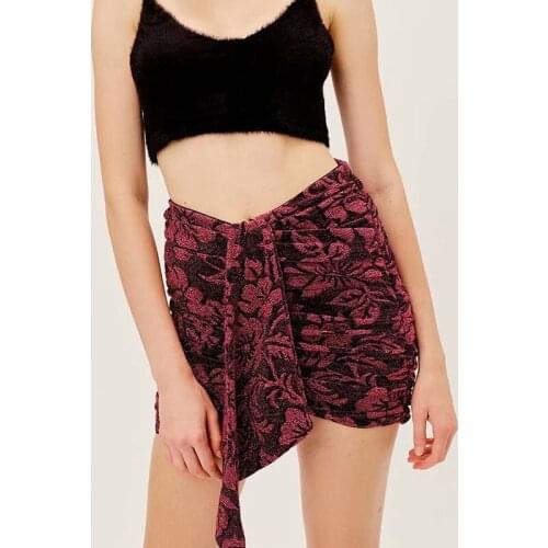 Klacwaya Womens Retro Gold Silk Jacquard Rose Half Skirt Fashion High Waist Pleated Sexy Mini Skirt