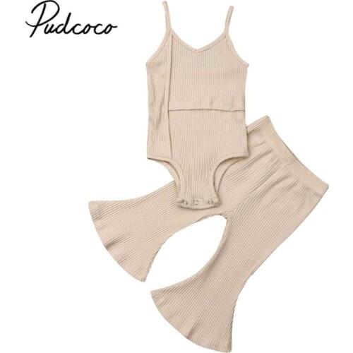 2019 Brand Newborn Baby Girls Romper Sleeveless Tops+Long Bell Bottoms Pants Outfit New Fashion Solid Baby Clothing 2Pcs Summer