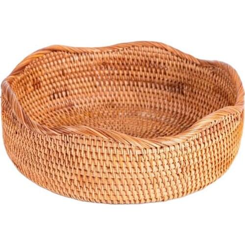 Round Woven Basket Fruit Tea Tray Kitchen Organizer Storage Bowl Home Decor Wave Style Design Household Rattan