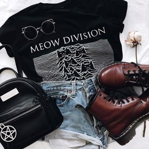 HAHAYULE Summer Women Tumblr Cute Graphic Tee Meow Division Joy Division Parody Funny T-Shirt Gothic Grunge Clothes Tops