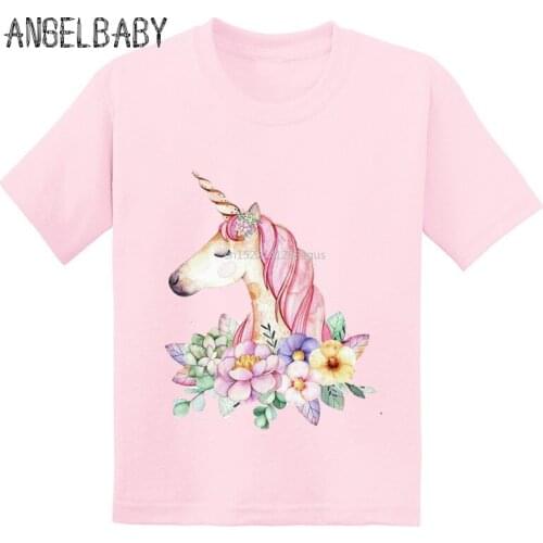 Hot Sale Pink Flower Unicorn Kids Funny T-shirts Harajuku Children Summer Cotton Baby Clothes Boys/Girls Casual Tops Tees,GKT207