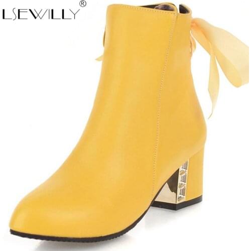 Lsewilly Women Fashion Ankle Boots Square High Heel Winter Shoes Women Bowtie Black White Zipper Boots Plus Size 32-48 S865