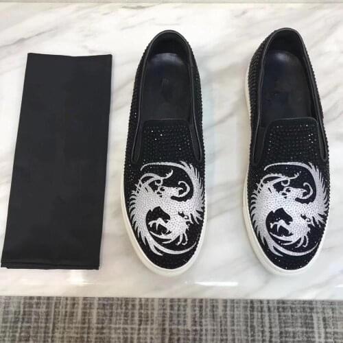 Men Handmade Shoes Genuine Leather Luxury Black Diamond Rhinestones Spikes Shoes Men Luxury italian style Fashion Shoes Big Size