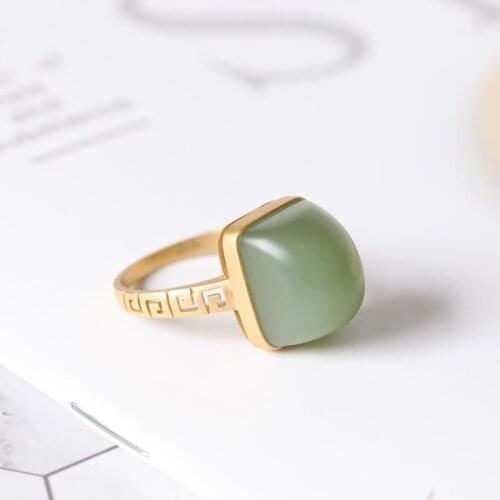 Natural Hetian jade convex geometric open ring Chinese style retro palace hollow pattern womens silver jewelry