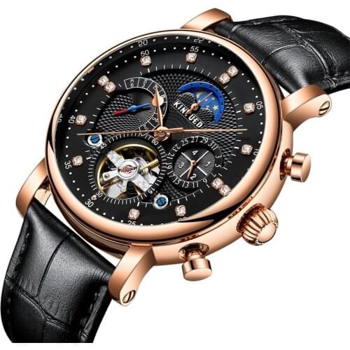 KINYUED brand new watch Swiss automatic fashion leather insert diamond star mens hollowed mechanical watch