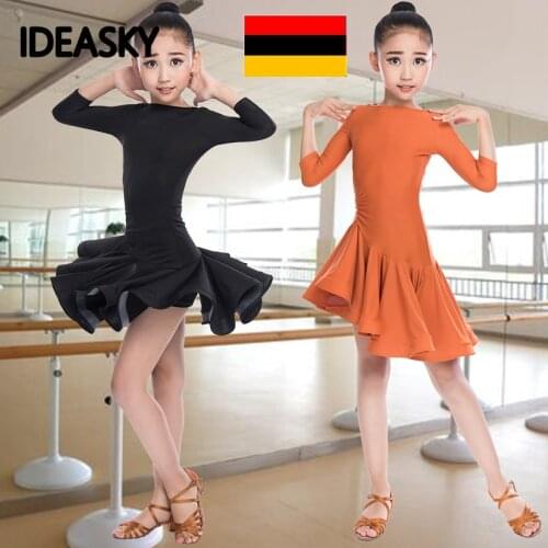 Ruffle ballroom latin practice wear dance dress girl competition for children long sleeves kids skirt salsa tango samba cha cha