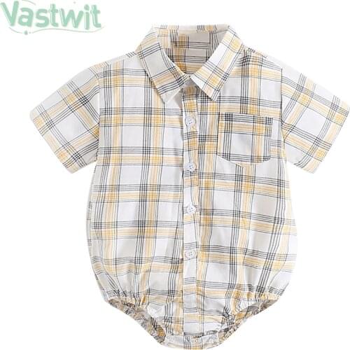 Infant Baby Boy Gentleman Bowtie Shirt Plaid Newborn Boys Wedding Party Clothes Toddler Kids Short Sleeve Body Jumpsuit Rompers