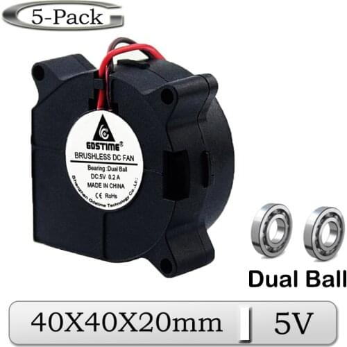 5Pcs/Lot Gdstime 5V 40x40x20mm 40mm DC Axial Brushless Dual Ball Blower Cooler 4020 4cm Mini 3D Printer Turbo Blower Cooling Fan