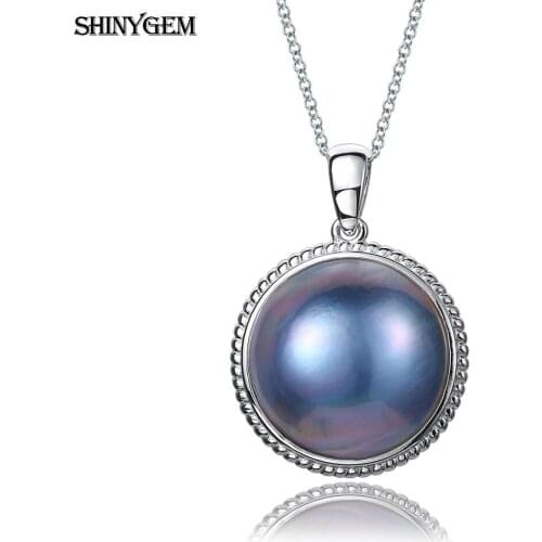 ShinyGem Classic Sea Water Pearl Necklace For Women White/Blue 17-18mm Big Mabe Pearl Pendant Necklaces 925 Silver Long Chain