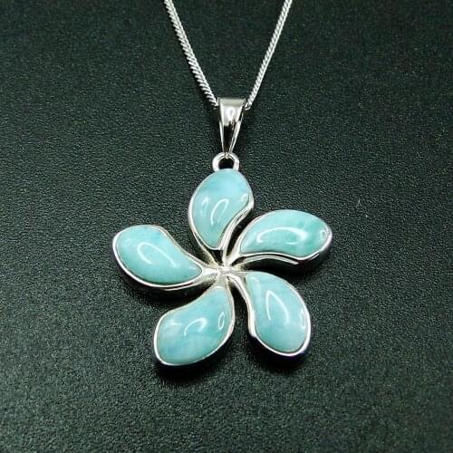 925 Sterling Silver Hawaiian Jewelry Natural Larimar 25mm Plumeria Flower Pendant Necklace For Gift