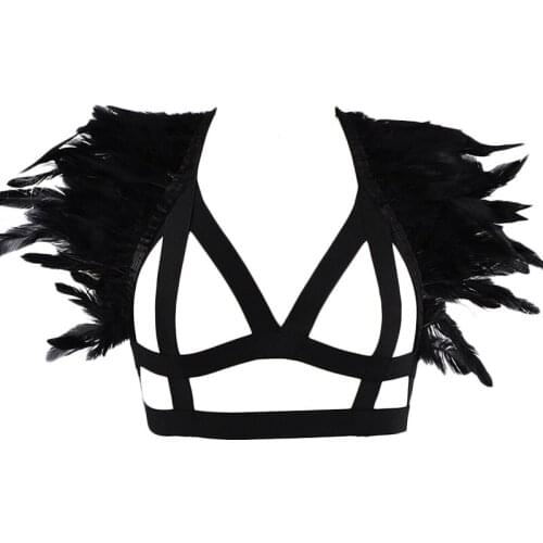 JLX.HARNESS Feather Bra Body Cage Hollow Body Harness Sexy Lingerie Bandage Belt Burning Feather Harness Bra