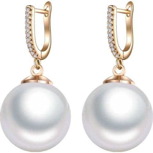 Simple 18MM White Pearl Drop Earrings for Women Gold CZ Zirconia Big Ball Dangle Earrings with Pearls Party Jewelry Gifts