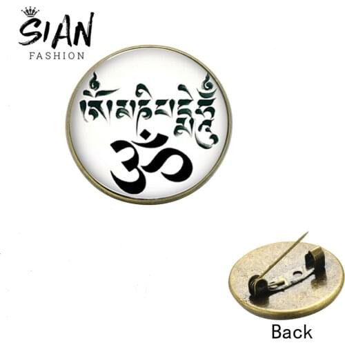 SIAN Minimalism OHM OM AUM Buddha Brooches Handmade Art Picture Glass Cabochon Badge Clothes Lapel Pin Buddhist Yoga Lovers Gift