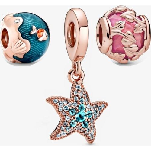 New 925 Sterling Silver Sparkling Starfish Dangle Charm Fit pandora bracelet Shimmering Ocean Waves & Fish Charm DIY jewelry