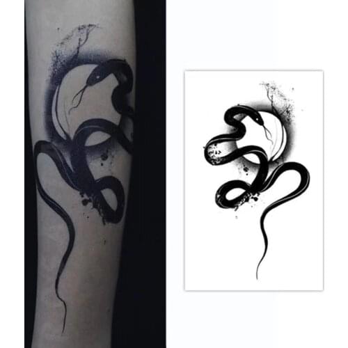 Black Snack With Moon Fake Tattoo Stickers For Men Women Arm Waterproof Body Art Temporary Tattos Flash Animal Decals Tatoos
