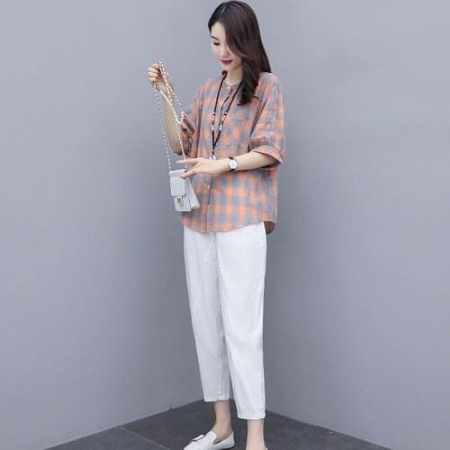 Plus Size 2021 Summer Two Piece Set Women Loose Printed Shirt Tops + Pants Suits Office Lady Fashion Sets Womens Clothes X220
