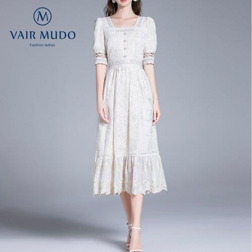 Women Lace Princess Summer Dress 2021 New Dress Goddess Fan Gentle Wind Apricot French Mesh Lace Dress White Lady Zipper Y-125