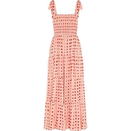 Summer Sweet Ladies Square Neck Print Sling Sleeveless Pleated Slim Large Hem Midi Dress Beachwear Dresses for Women 2021