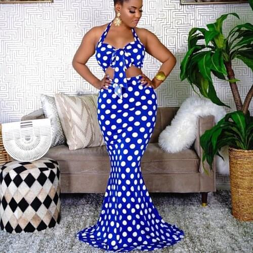 Polka Dot Print Women Two Piece Dress Set Deep V Neck Bandage Halter Crop Top And Long Skinny Fishtail Skirt Evening Party Wear