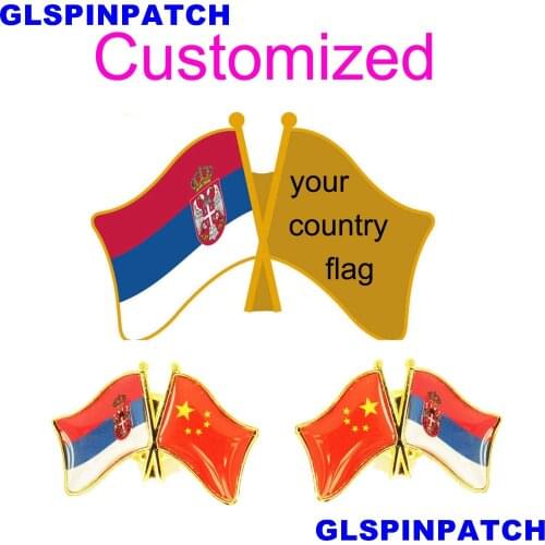 Serbia Crossed Friendship Flag Double Country lapel pin Brooch USA UK France Chile Russia Saudi Arabia Japan Spain Badge