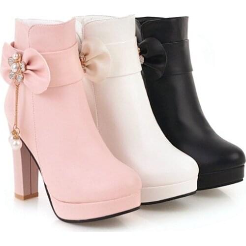 2019 New Winter Korean Female Shoes Martin Thick High Heel Ankle Boots White Womens Booties Black Pink 7cm 10cm
