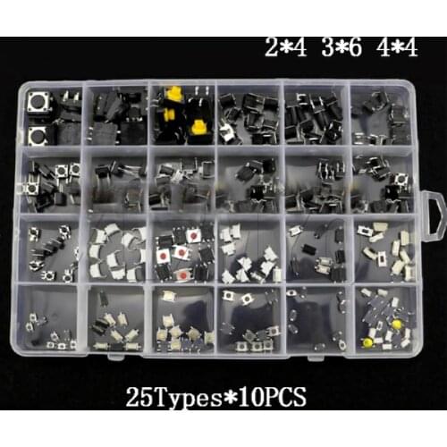 250pcs/box 25 Models Car Remote Control Tablet Micro Switch Key Touch Tactile Push Button Component 2*4 3*6 4*4 Switches Set