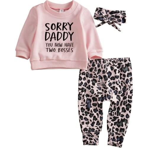 Newborn Baby Girl Clothes 3Pcs Cotton Letter Print Long Sleeve Pullover Leopard Long Pants Headband 0-24M Clothing For Girls