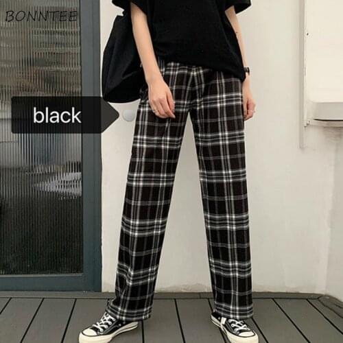 Pants Women Retro Plaid Harajuku Straight Vintage Unisex BF Teenager Casual Summer Pant Kpop Full Chic Daily Womens Loose Trendy