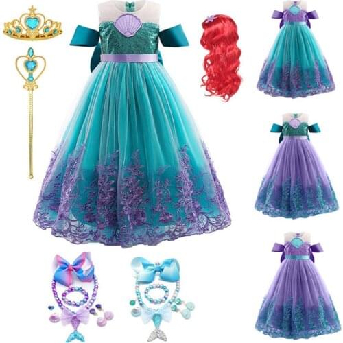 Mermaid Ariel Princess Girl Dress Cosplay Costume Kids Halloween Fancy Dress Child Carnival Birthday Party Clothes Summer Dress