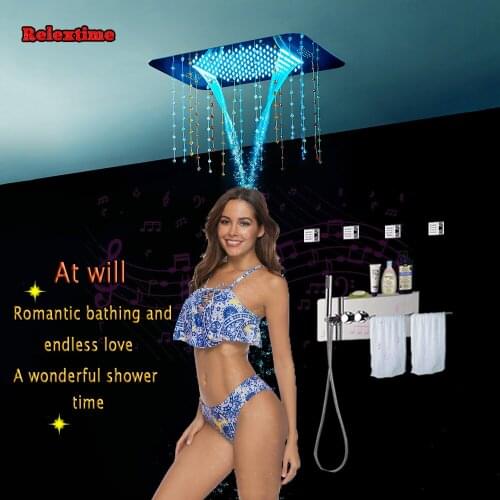 Crystal Pendant Speaker System LED Ceiling Shower Head Bathroom Shower Set Faucet Thermostatic Concealed Mixer Shelf Massage Jet