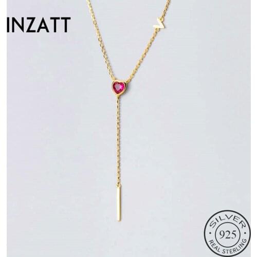 INZATT Real 925 Sterling Silver Red Zircon Heart Pendant Necklace For Fashion Women Party Fine Jewelry Cute Accessories Gift