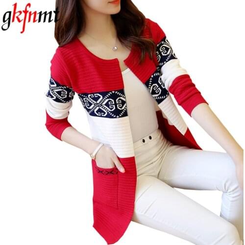 Women Cardigans Vintage Print Women Spring Autumn Medium-long Cardigan 2018 New Female Fashion Pocket Knitted Outerwear Sweater