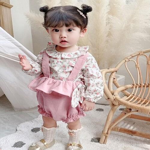 Girls Suit Autumn Sling Long-Sleeved Romper Baby Cotton Small Floral Top + Corduroy Sling Shorts Two-Piece Suit
