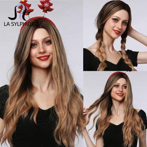 La Sylphide Long Natural Wavy Root Black Ombre Brown Wig with Highlight Middle Part Synthetic Wig for Women Daily Use Wigs